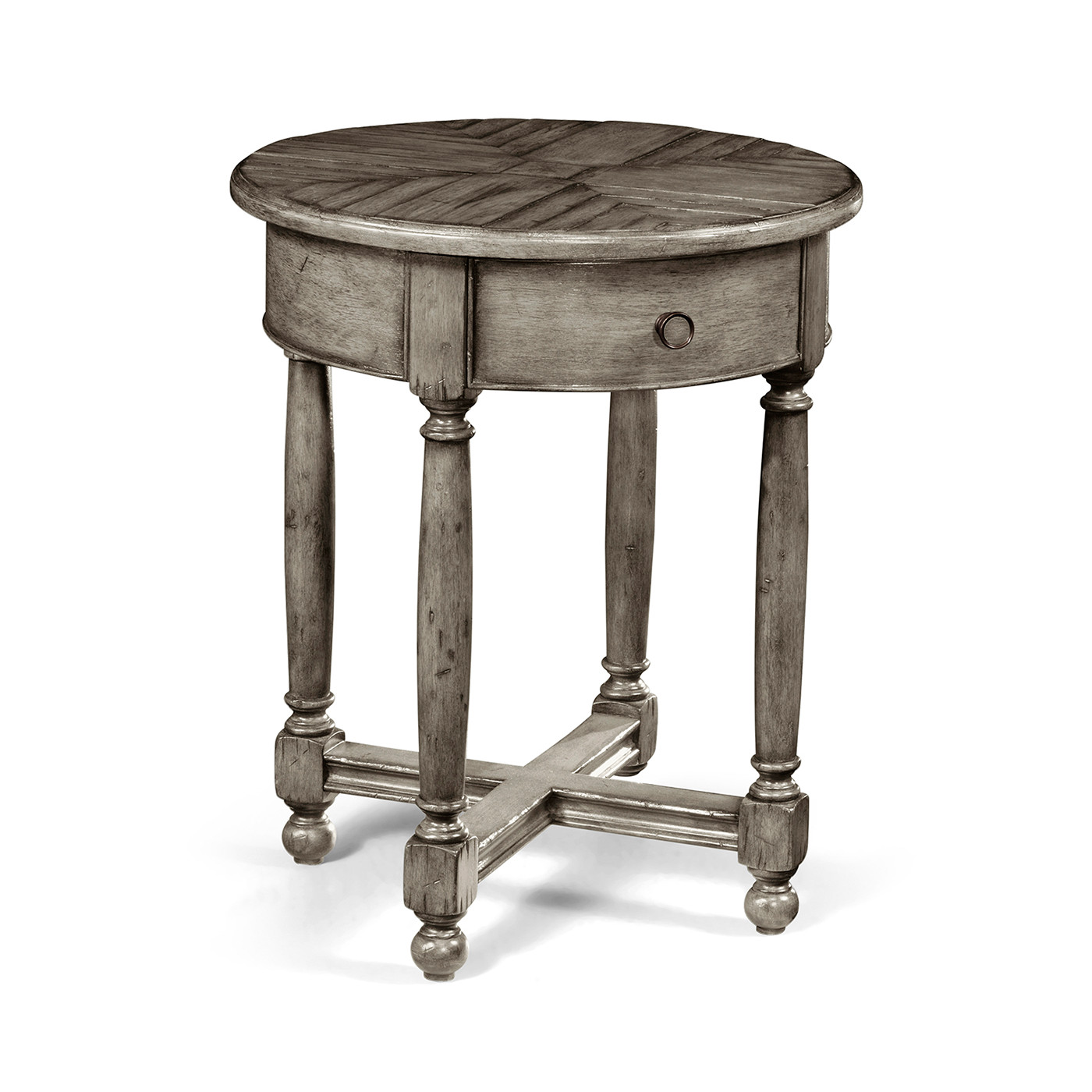 Antique dark grey parquet round side table with contrast inlay