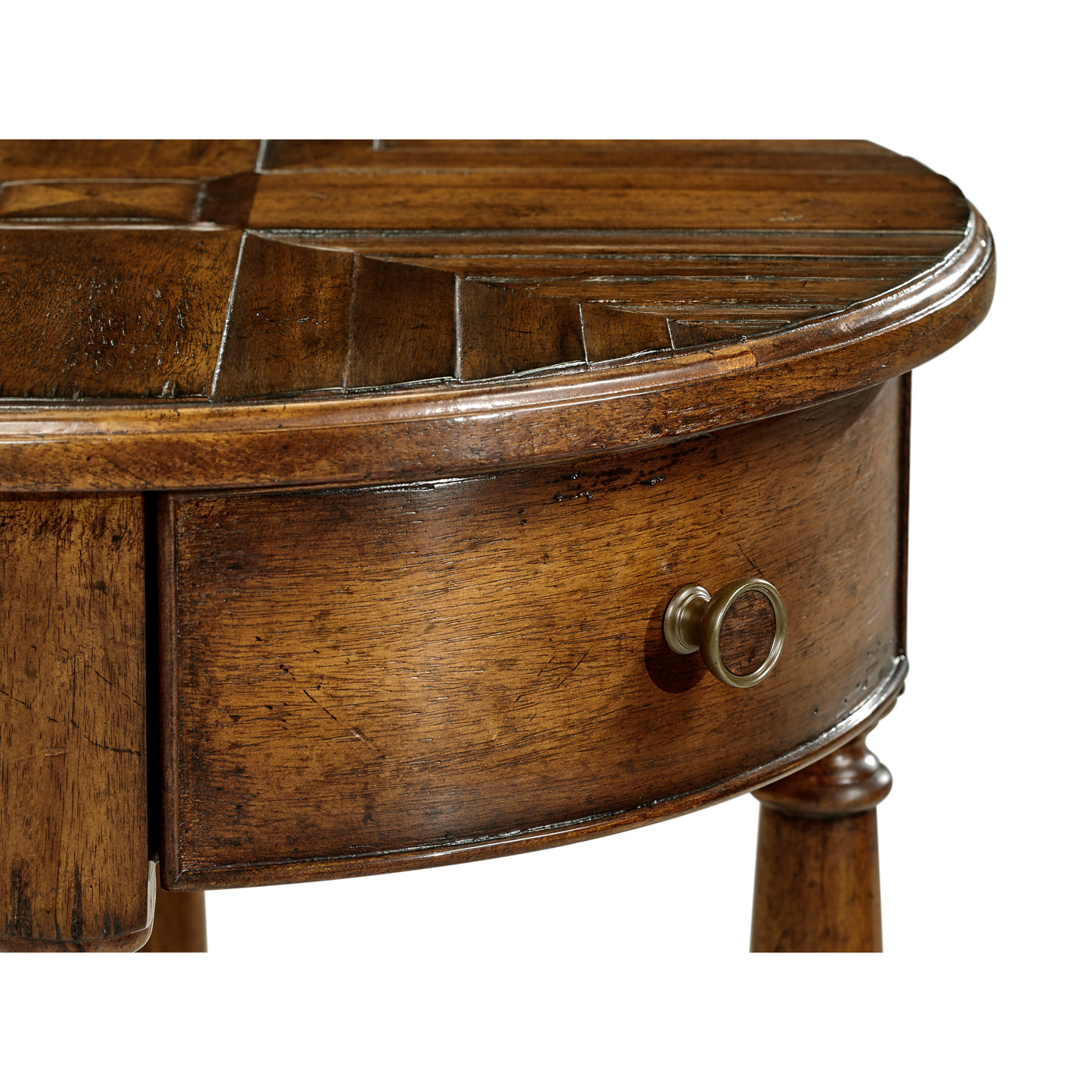 Country walnut parquet round side table with contrast inlay