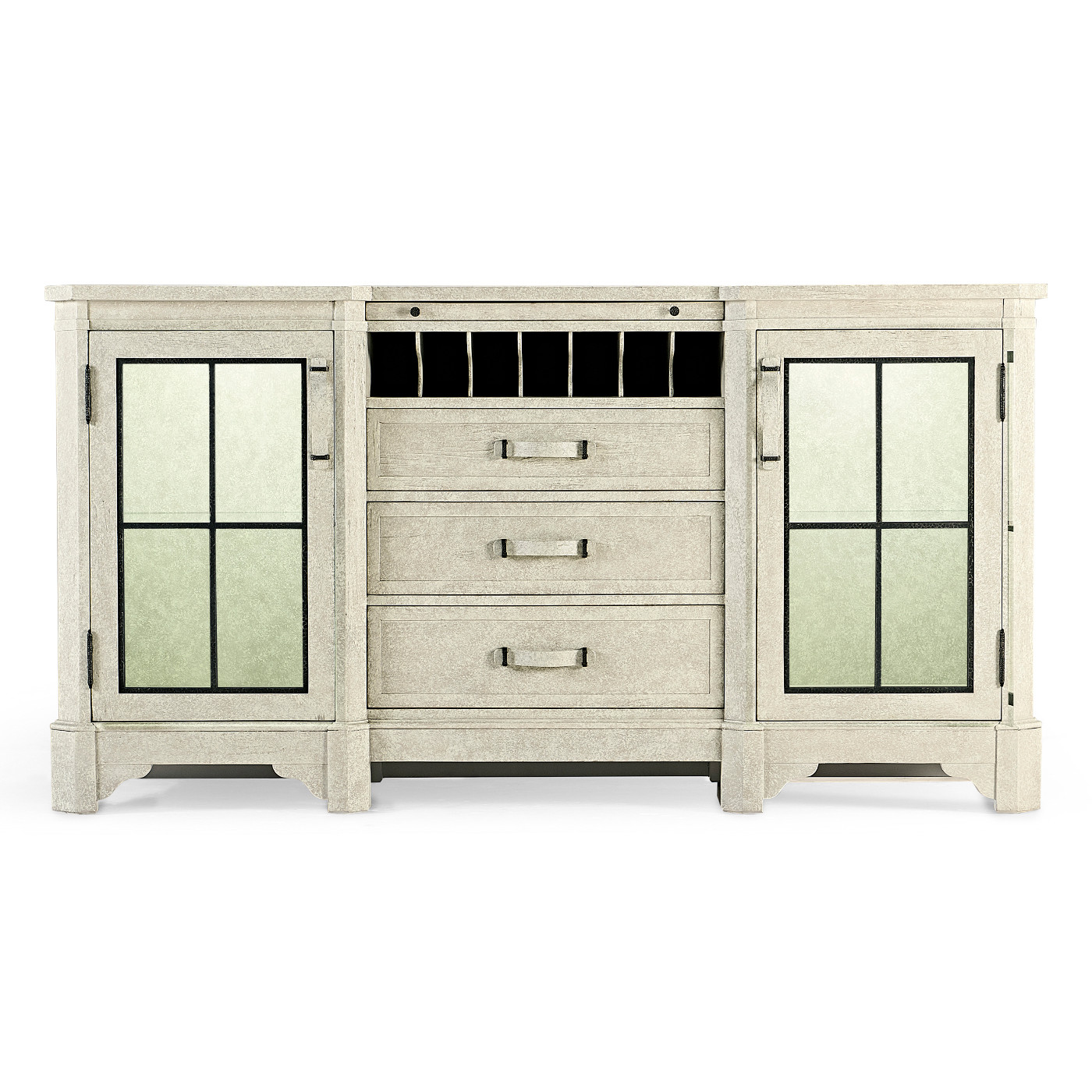 Plank Whitewash Driftwood Low Cabinet & Wine Rack with Strap Handles