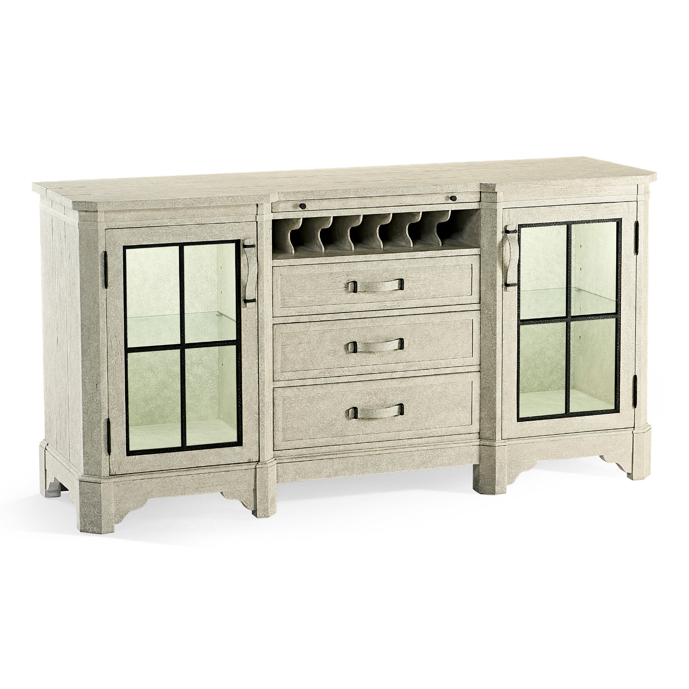 Plank Whitewash Driftwood Low Cabinet & Wine Rack with Strap Handles