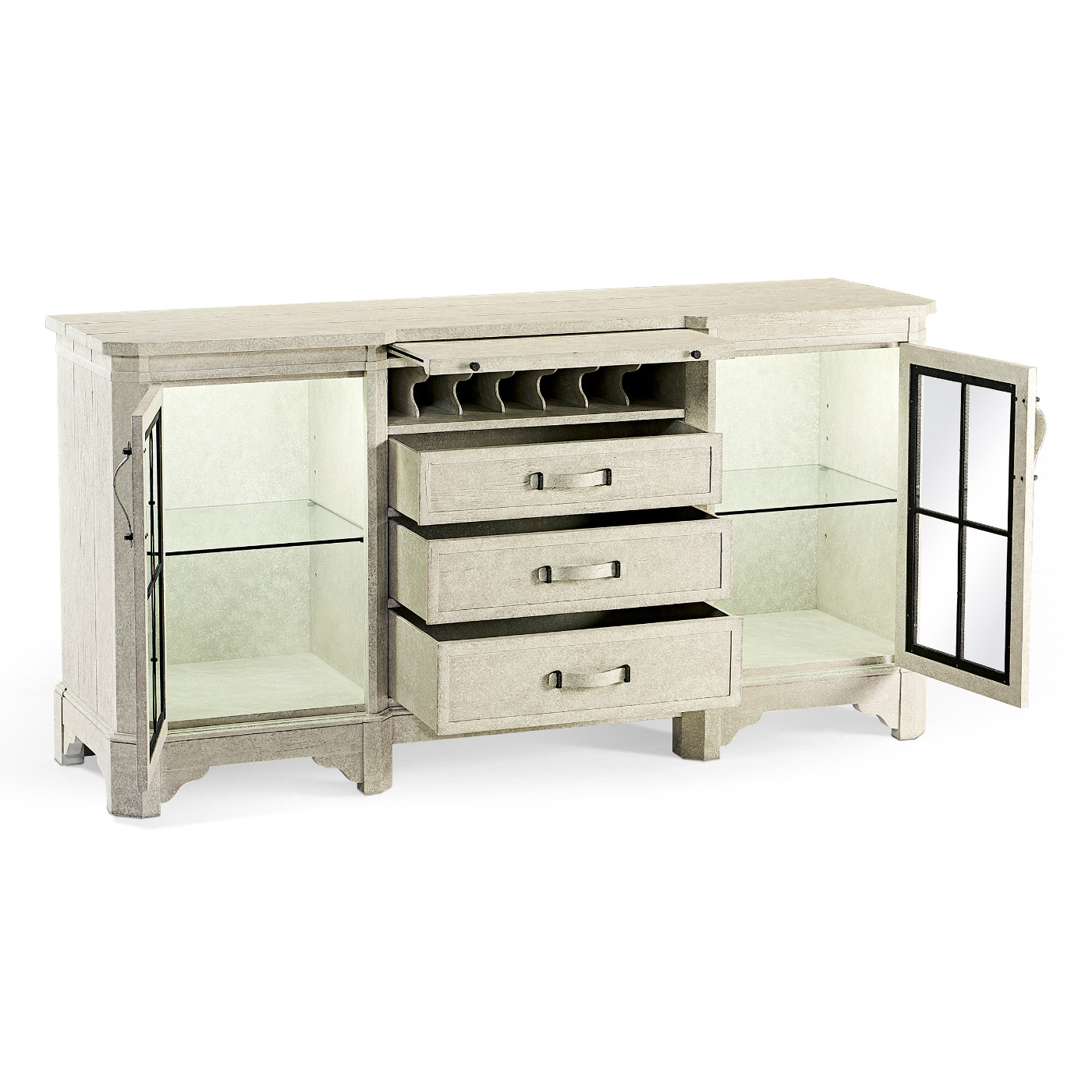 Plank Whitewash Driftwood Low Cabinet & Wine Rack with Strap Handles