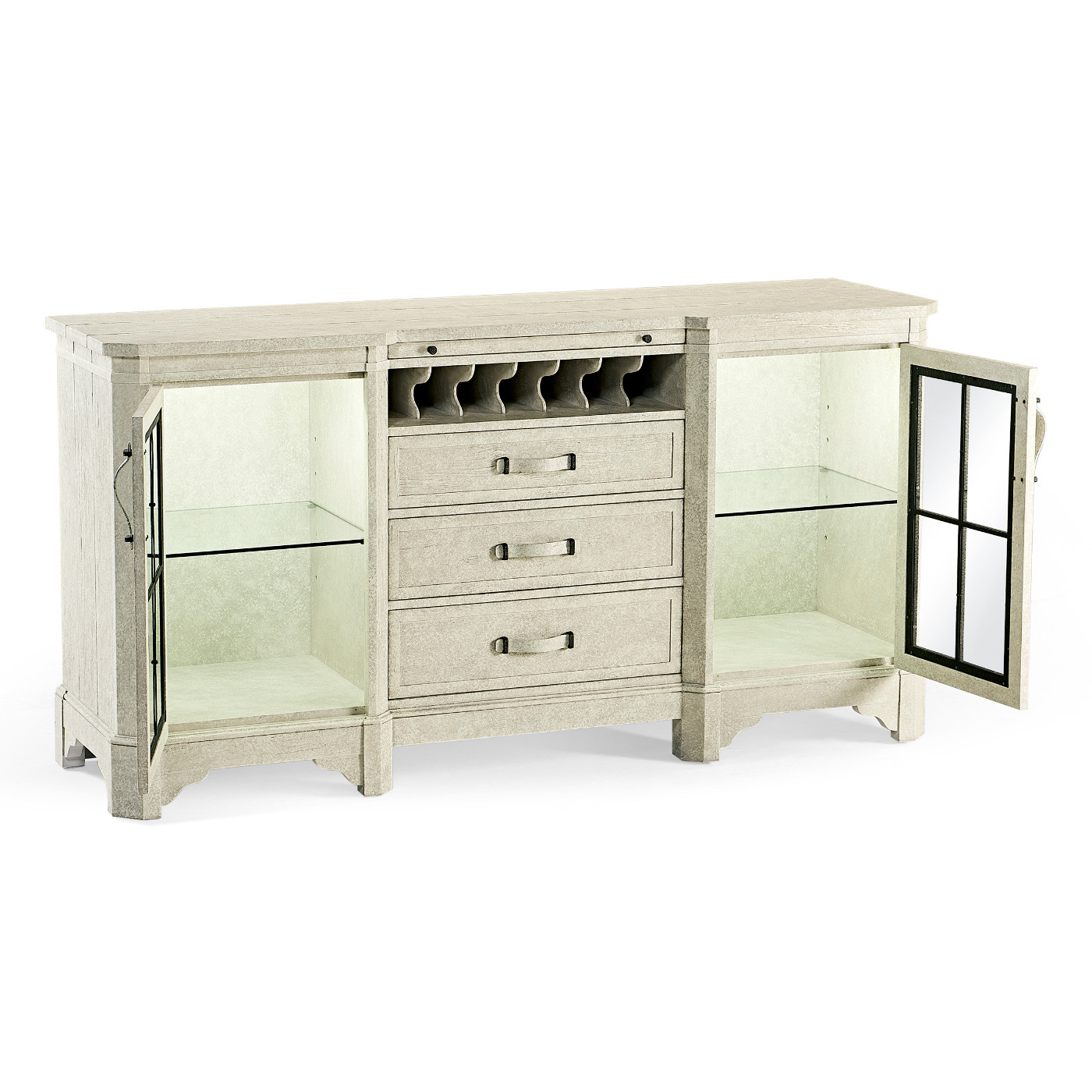 Plank Whitewash Driftwood Low Cabinet & Wine Rack with Strap Handles