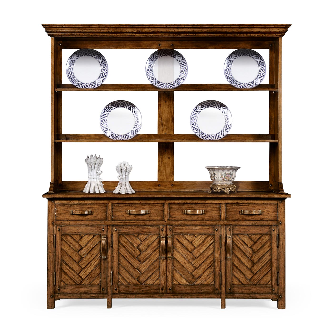 Country Walnut Parquet Welsh Dresser with Strap Handles