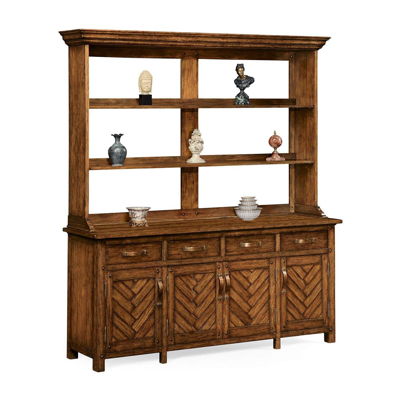 Country Walnut Parquet Welsh Dresser with Strap Handles