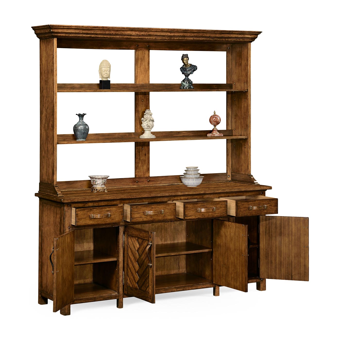Country Walnut Parquet Welsh Dresser with Strap Handles