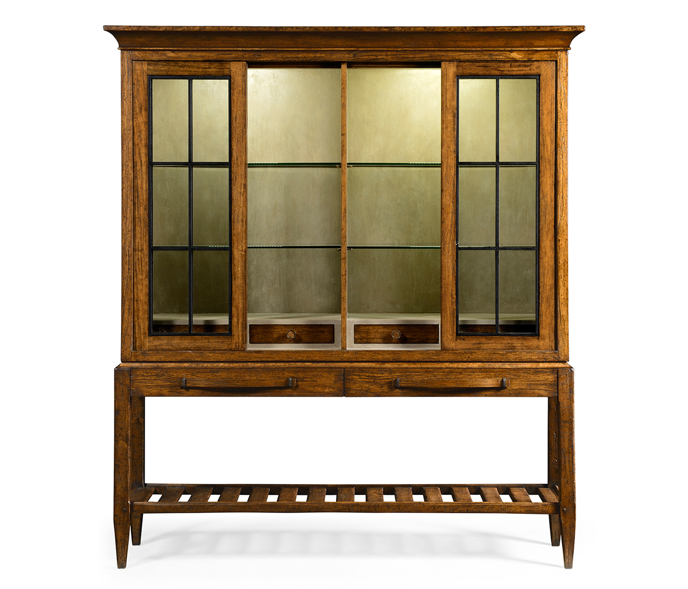 Country Walnut Glazed Display Double Cabinet