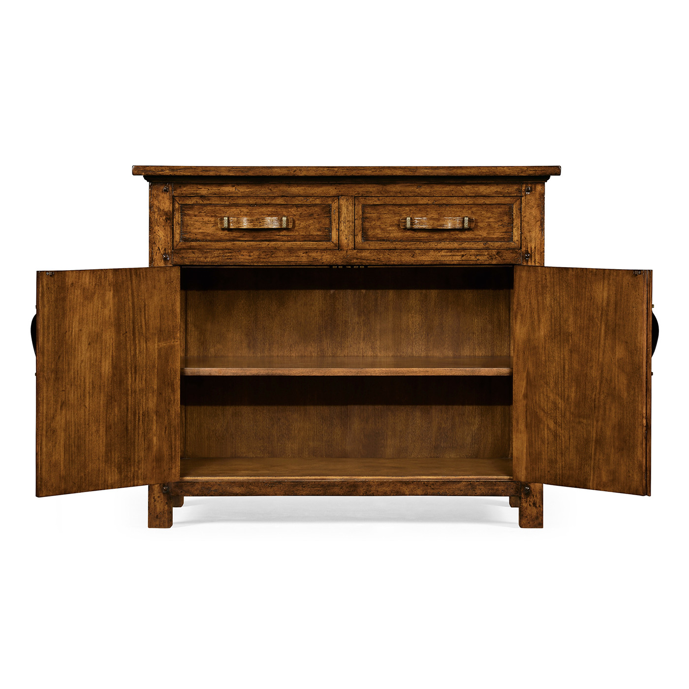 Plank country walnut cabinet or dresser base with strap handles