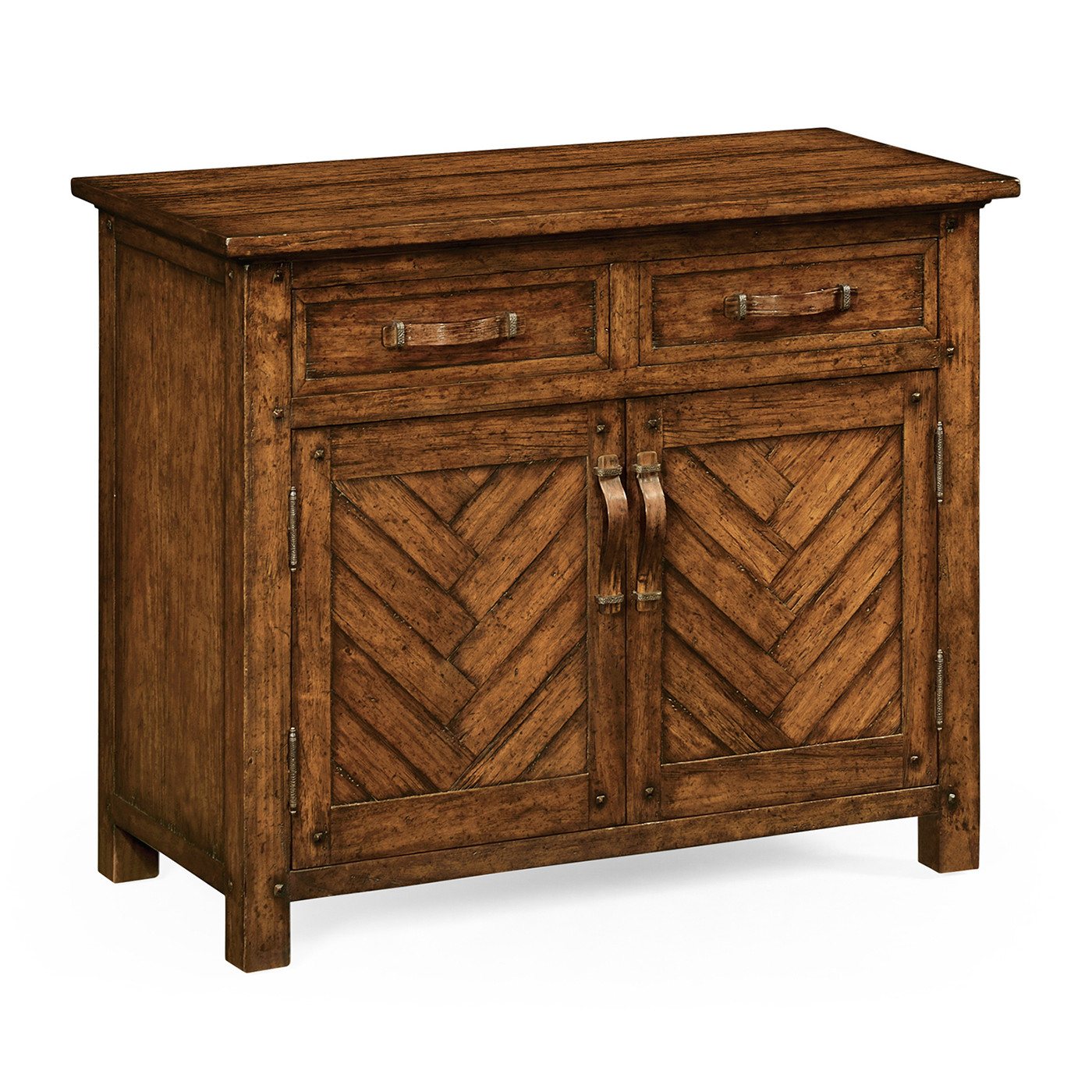 Plank country walnut cabinet or dresser base with strap handles