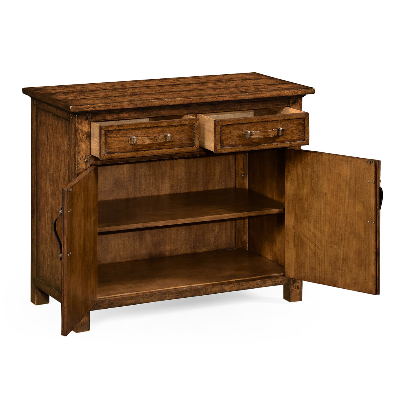 Plank country walnut cabinet or dresser base with strap handles