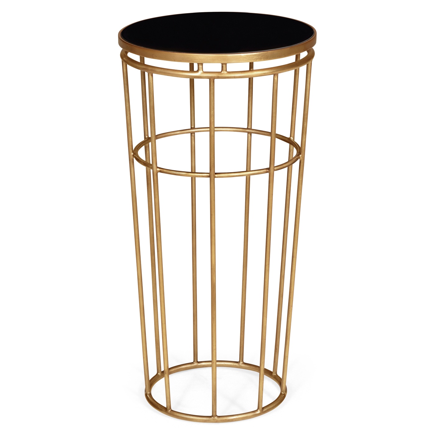 Gilded Iron Round End Table with Black Glass Top