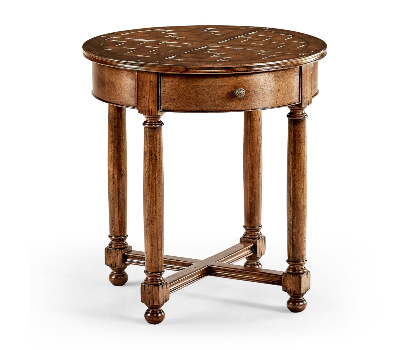 Round parquet topped side table