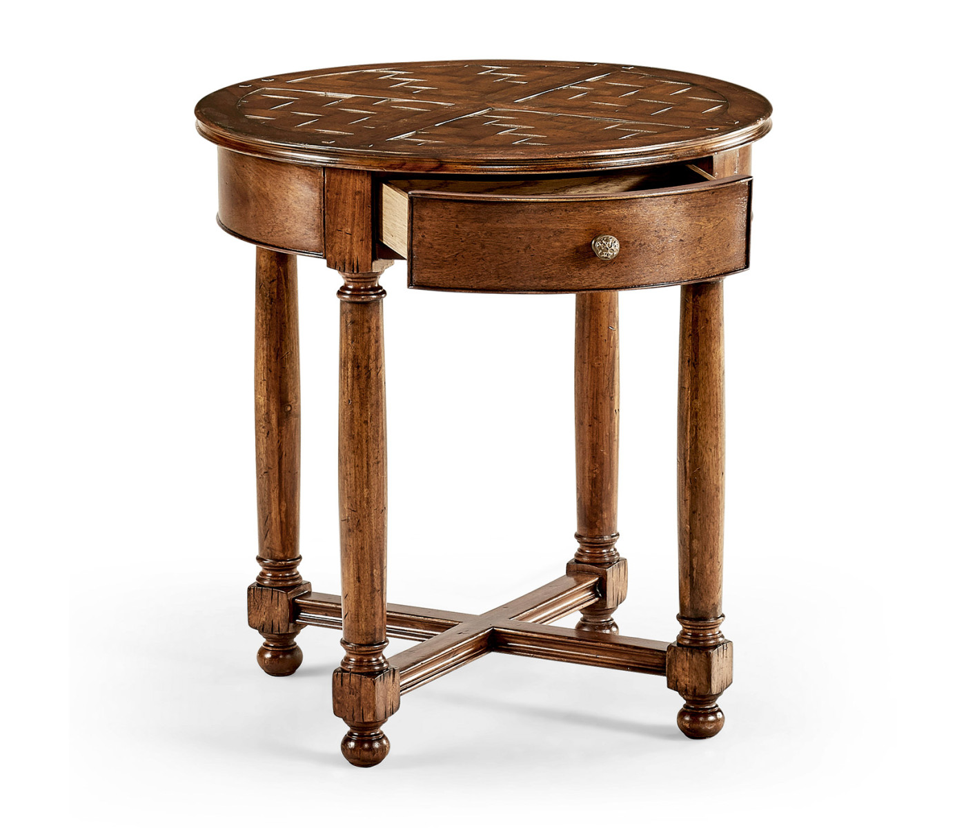 Round parquet topped side table