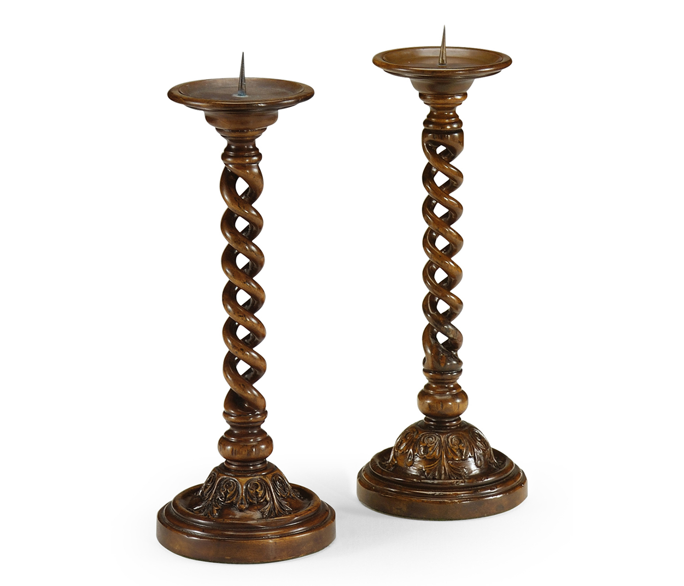 Pair of Open Barley Twist Walnut Candlesticks