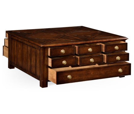 Square parquet coffee table with 14 drawers