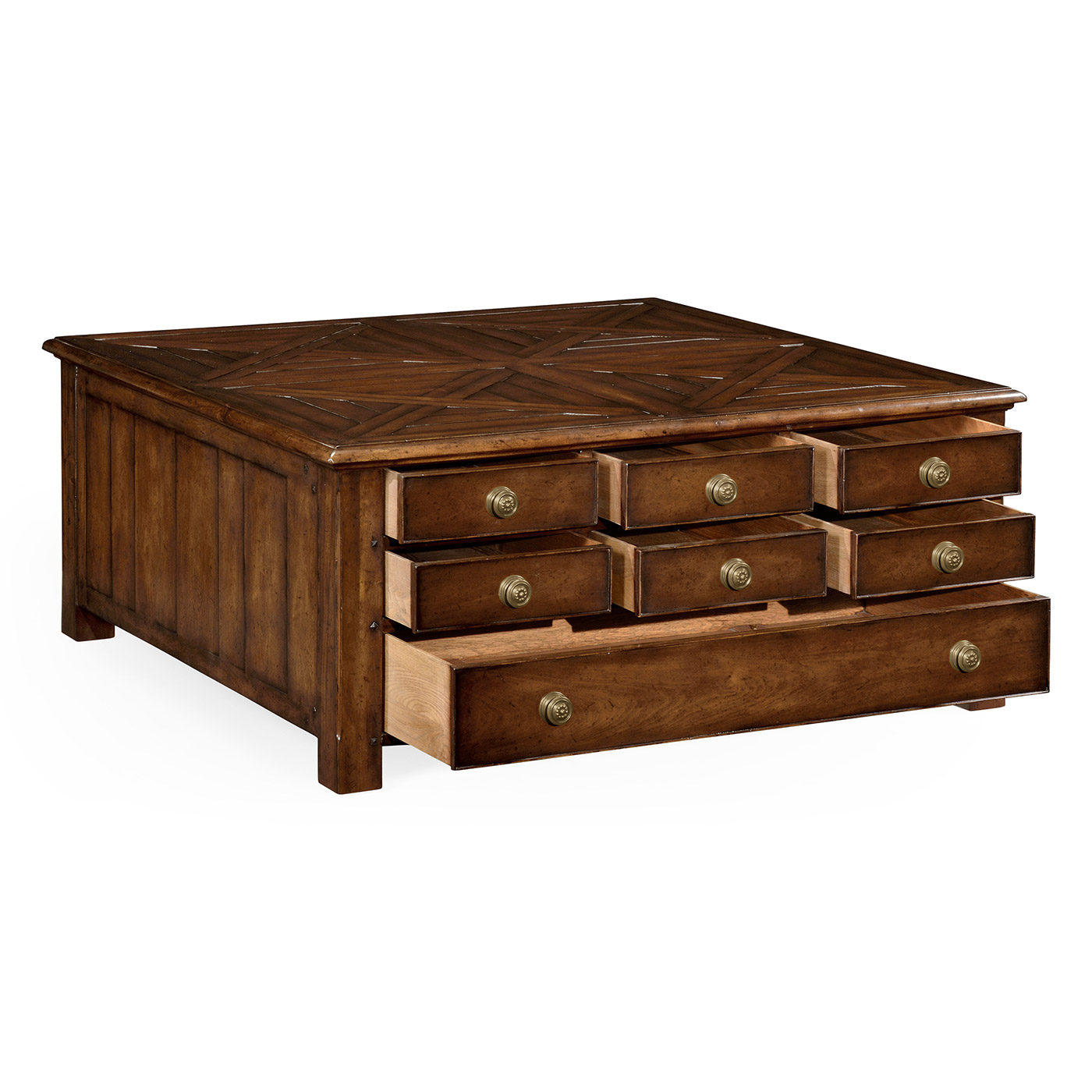 Square parquet coffee table with 14 drawers