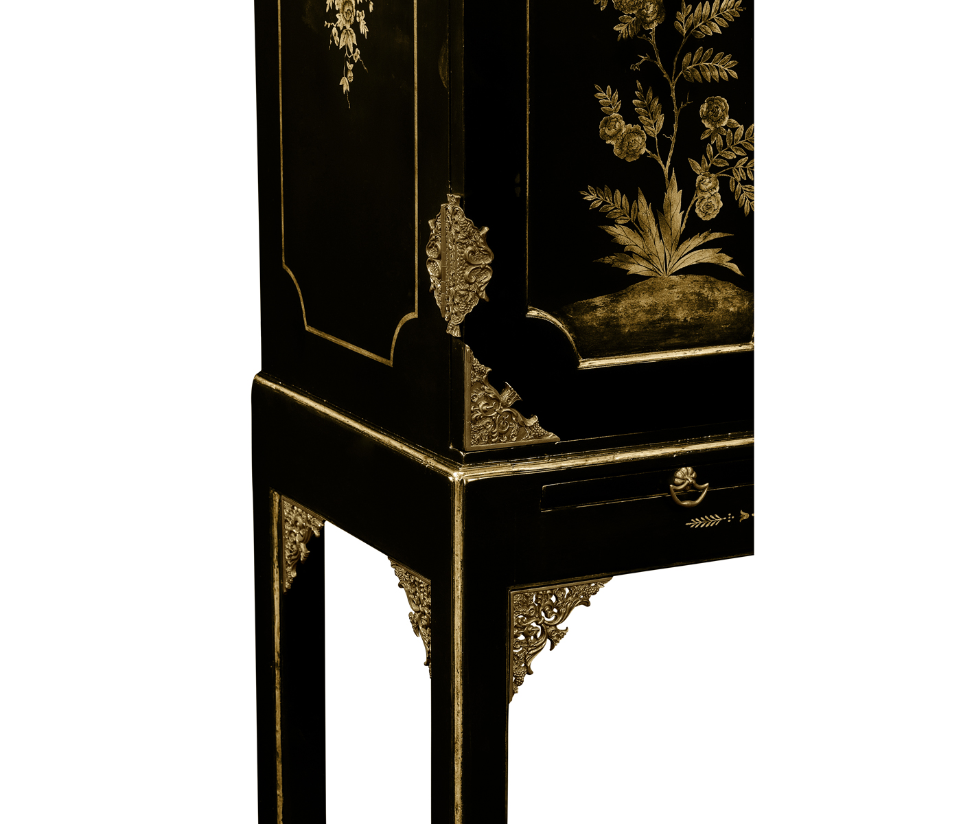 Small Black & Gold Chinoiserie Collectors Cabinet