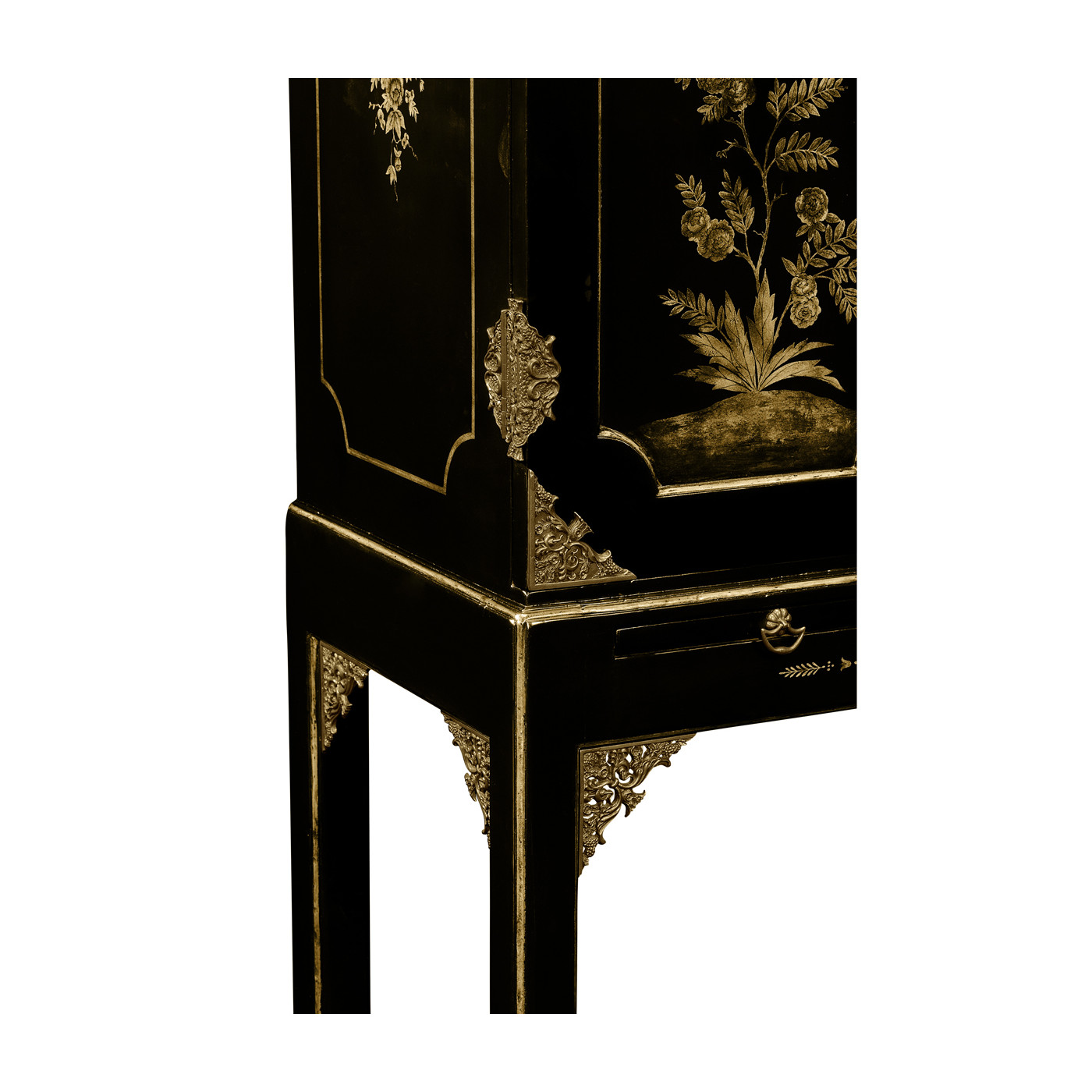 Small Black & Gold Chinoiserie Collectors Cabinet