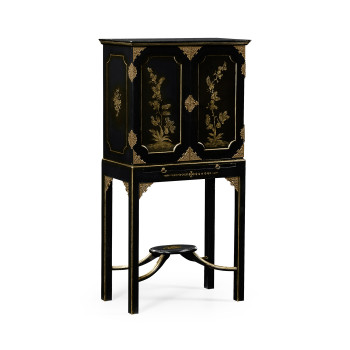 Small Black & Gold Chinoiserie Collectors Cabinet