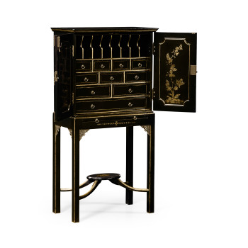 Small Black & Gold Chinoiserie Collectors Cabinet