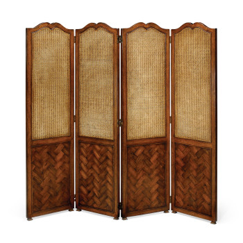 French caned & parquet four panel screen