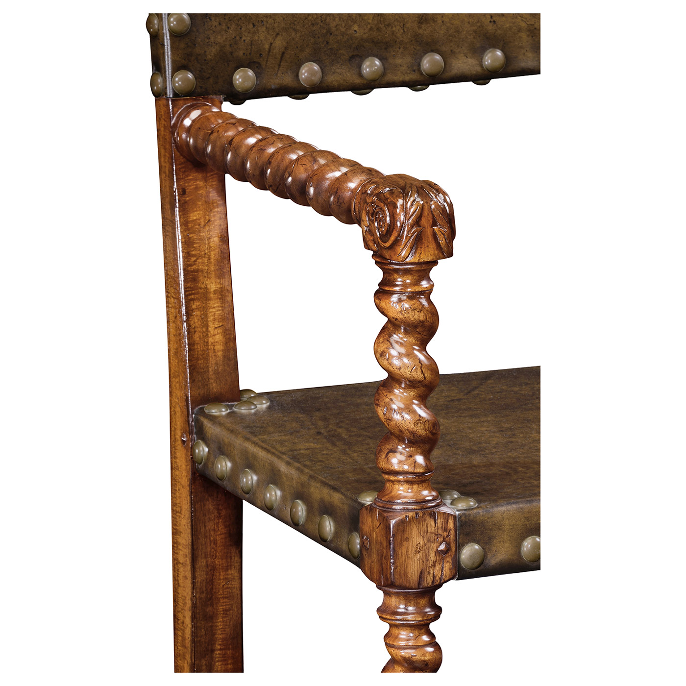 Tudor Style Walnut Bench with Antique Chestnut Leather