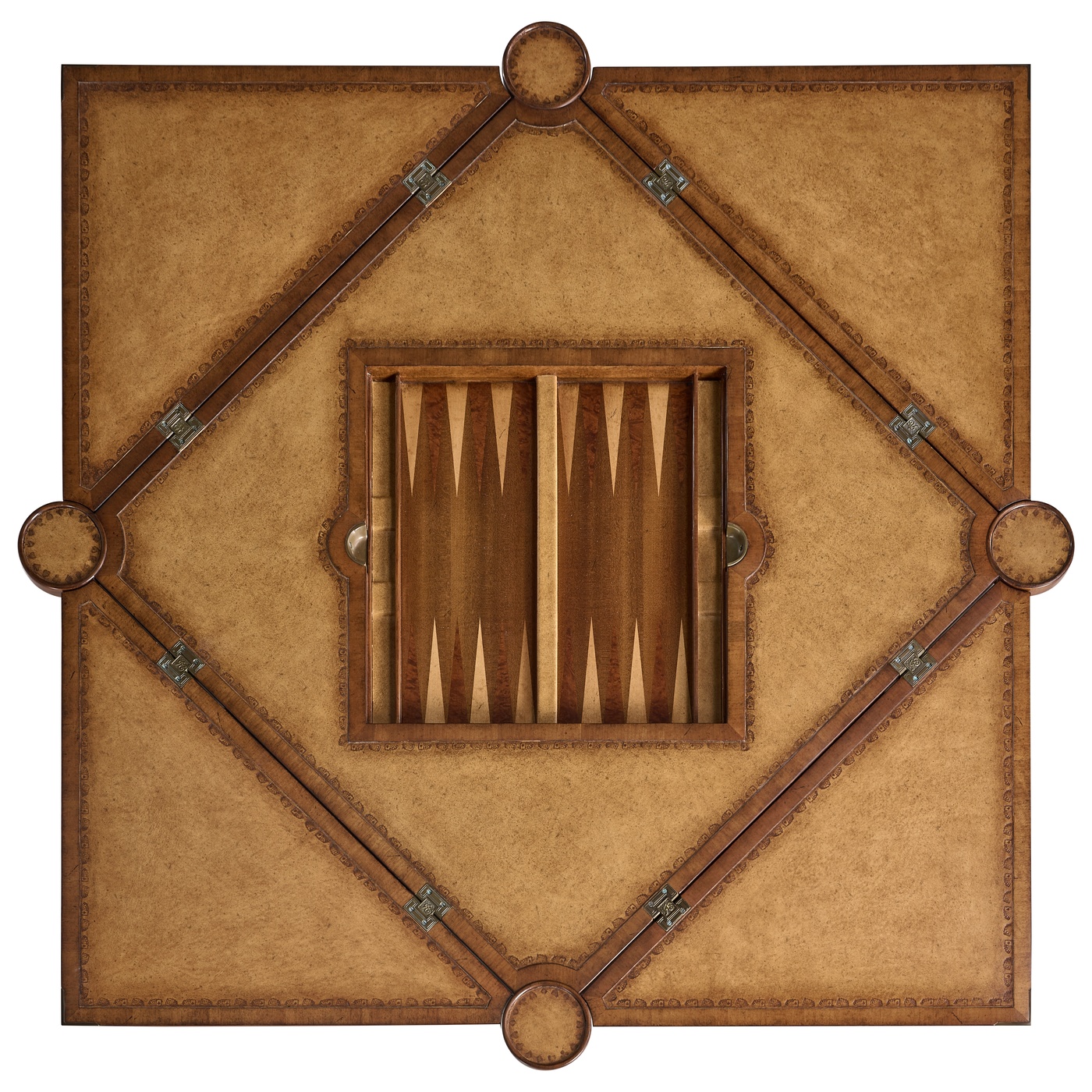 Walnut Leather Games Table with Geometric Inlays