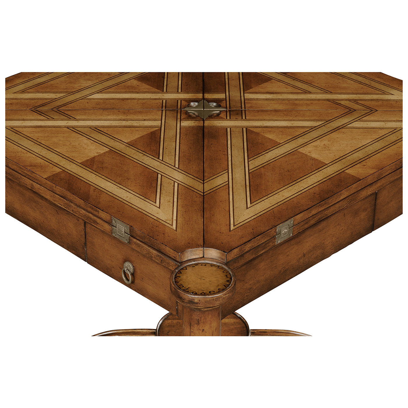 Walnut Leather Games Table with Geometric Inlays