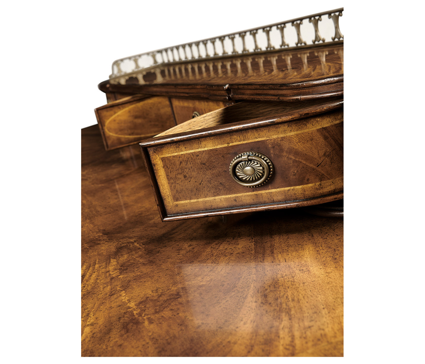 Crotch walnut buffet or serving table with brass gallery