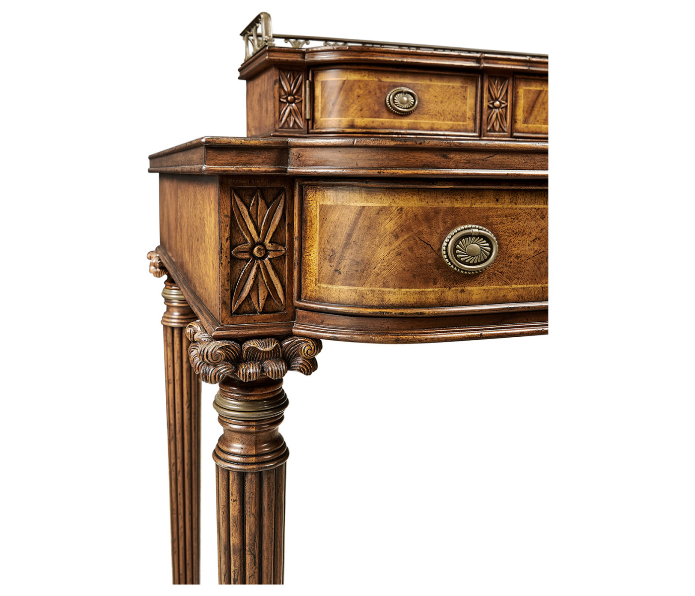 Crotch walnut buffet or serving table with brass gallery