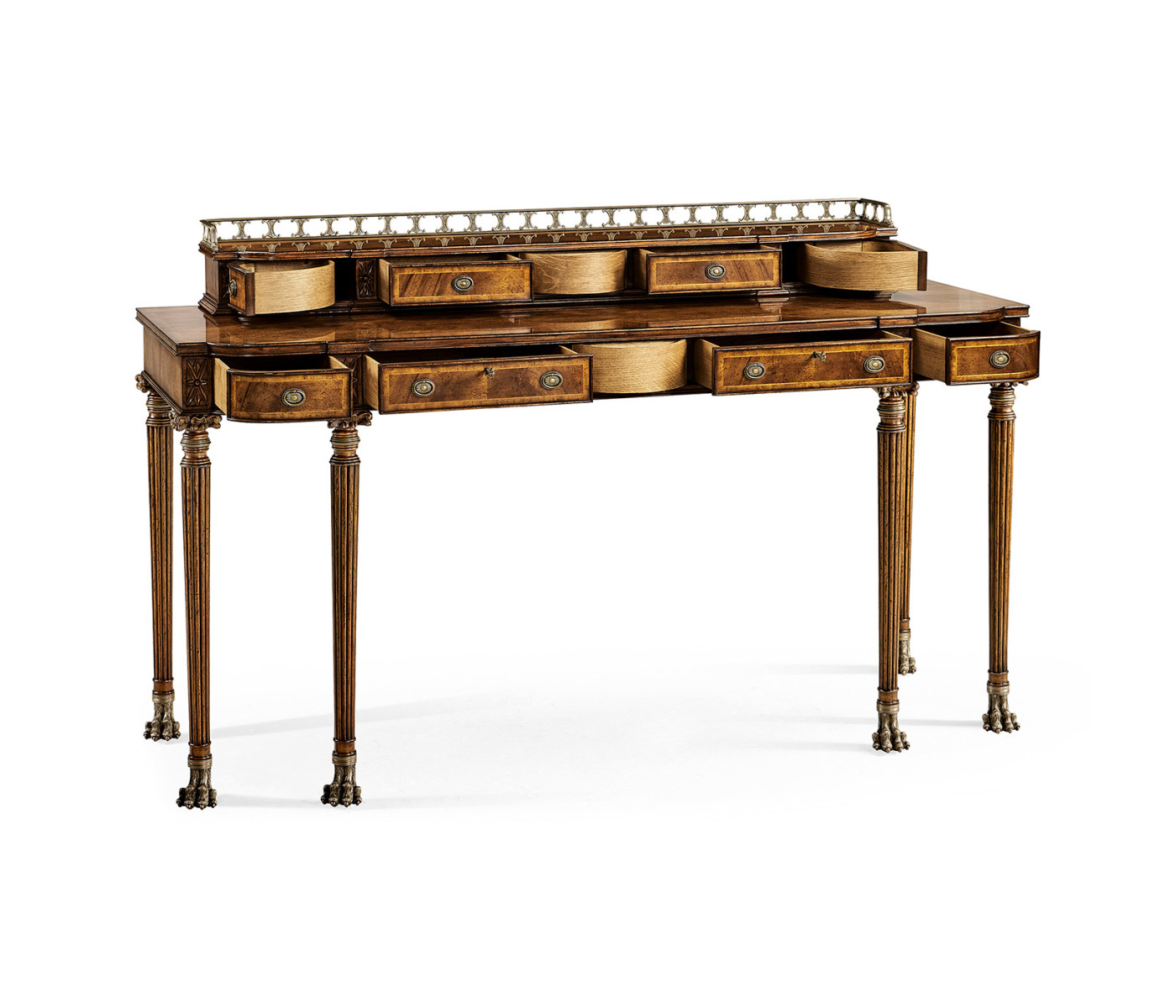 Crotch walnut buffet or serving table with brass gallery