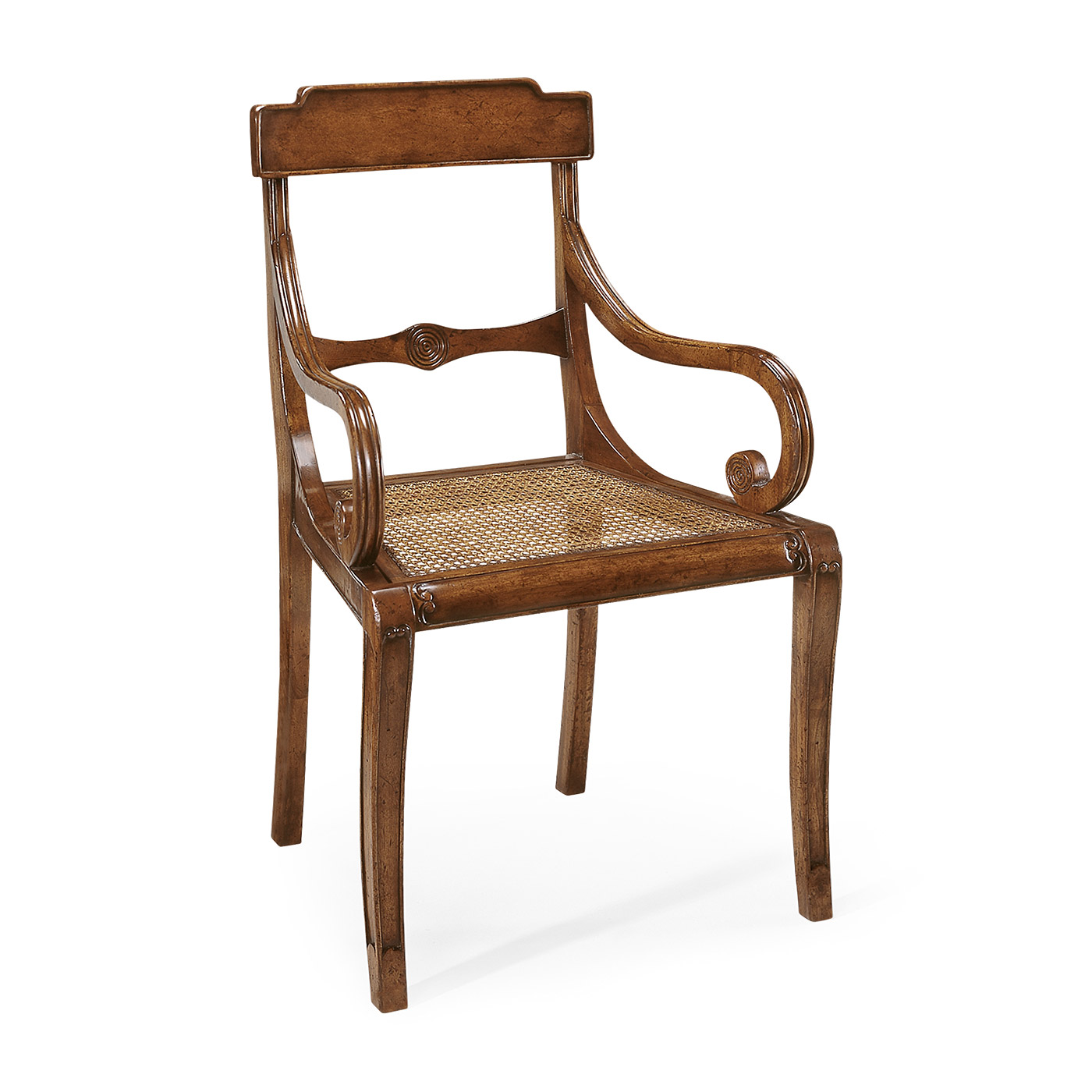 Regency walnut scroll armed chair with caned seat