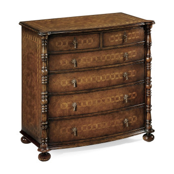 Walnut small bow front chest with circle inlays