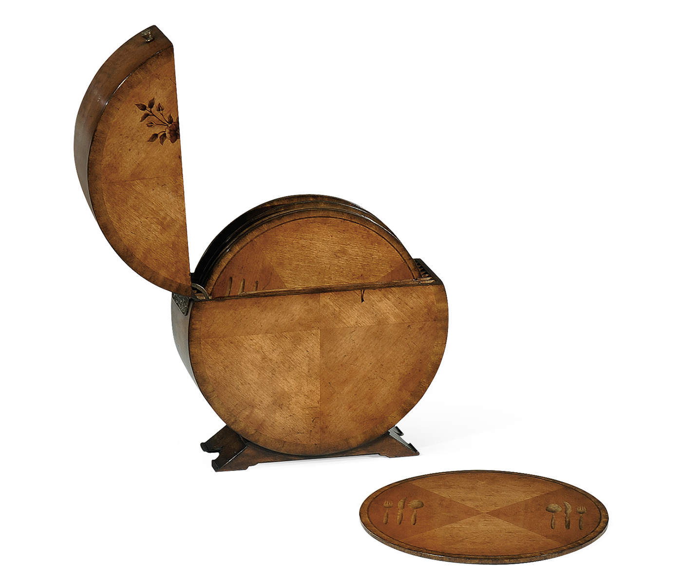 Circular Light Walnut & Floral Inlay Placemat Box