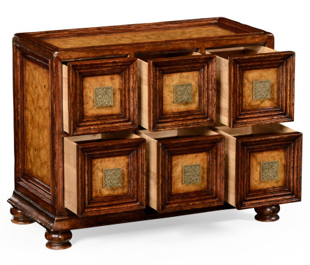 Distressed walnut six drawer chest with square brass handles