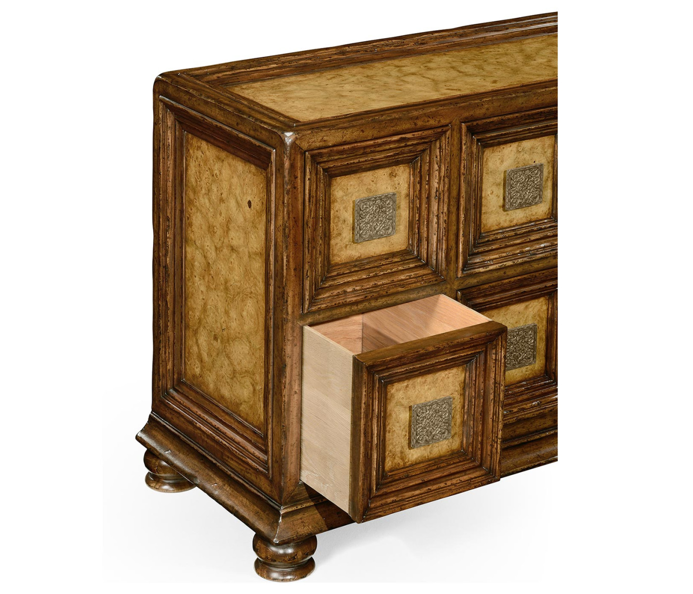 Distressed walnut six drawer chest with square brass handles