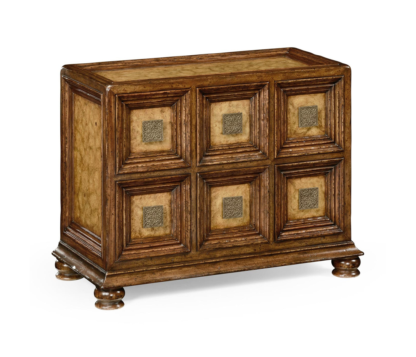 Distressed walnut six drawer chest with square brass handles