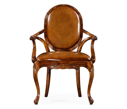 Leather Upholstered Rococo Arm Chair with Medium Antique Chestnut Leather