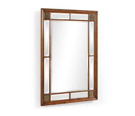 Rectangular Walnut Panelled Mirror with Brass Details