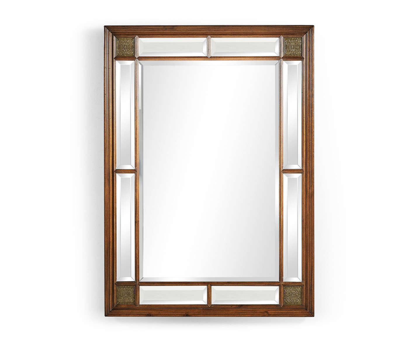 Rectangular Walnut Panelled Mirror with Brass Details