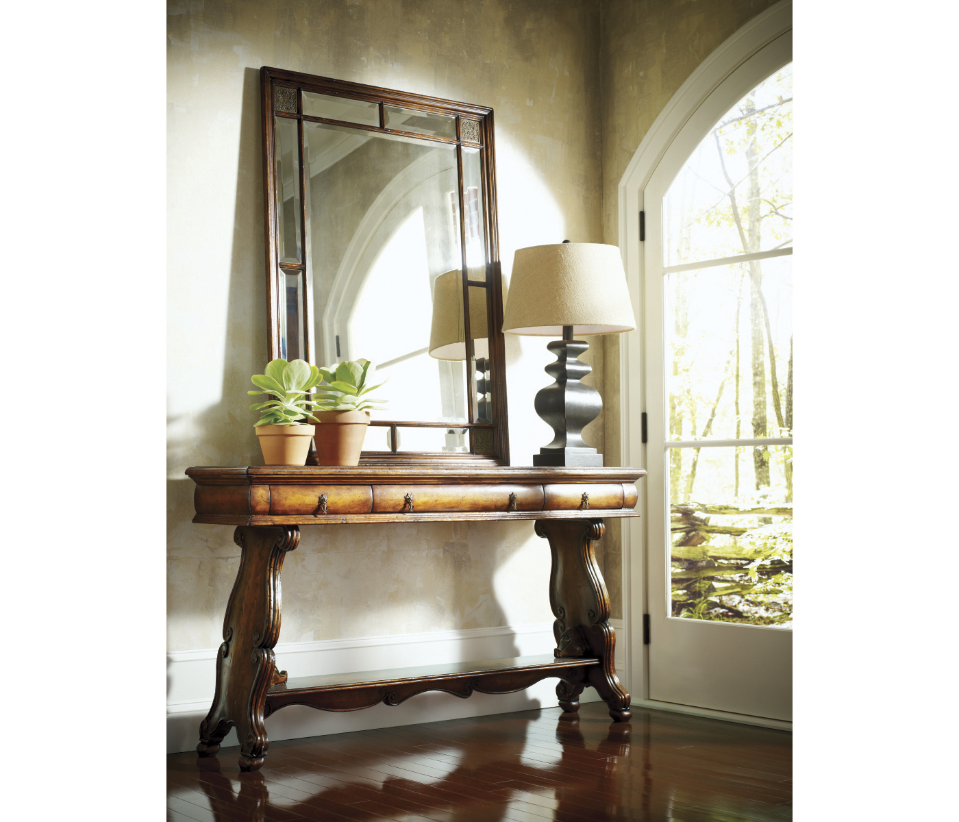 Rectangular Walnut Panelled Mirror with Brass Details