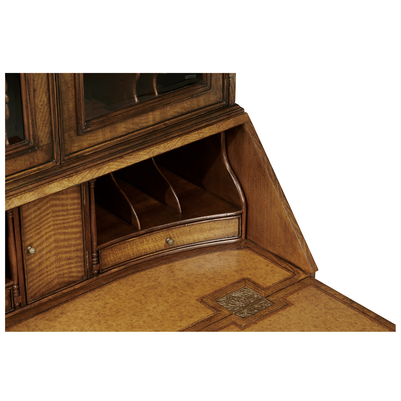 Queen Anne Light Walnut Bureau Cabinet with Glass Doors