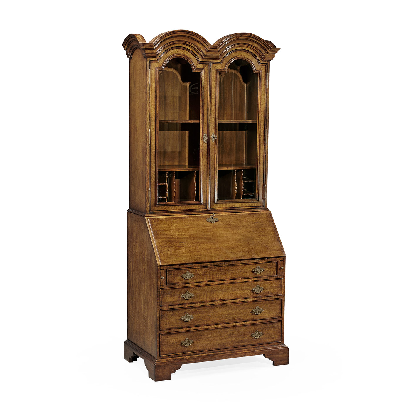 Queen Anne Light Walnut Bureau Cabinet with Glass Doors