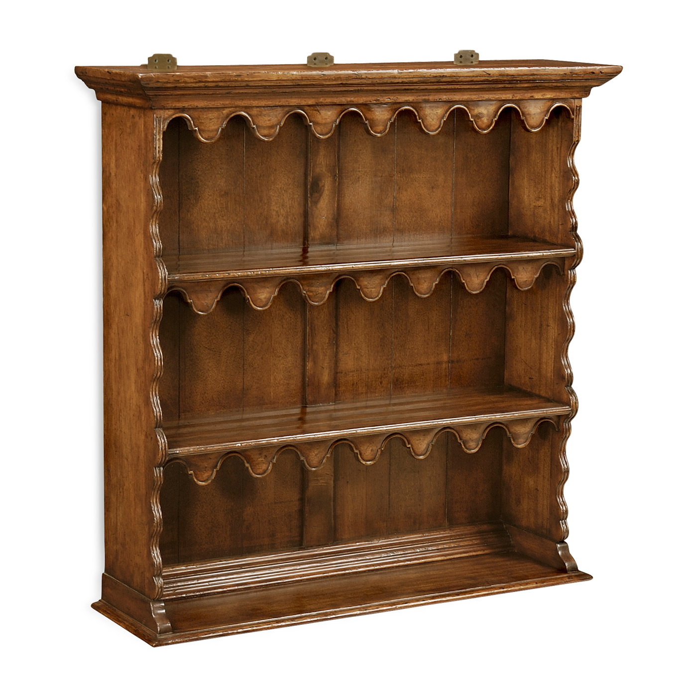 Walnut hanging shelf with scalloped shelves