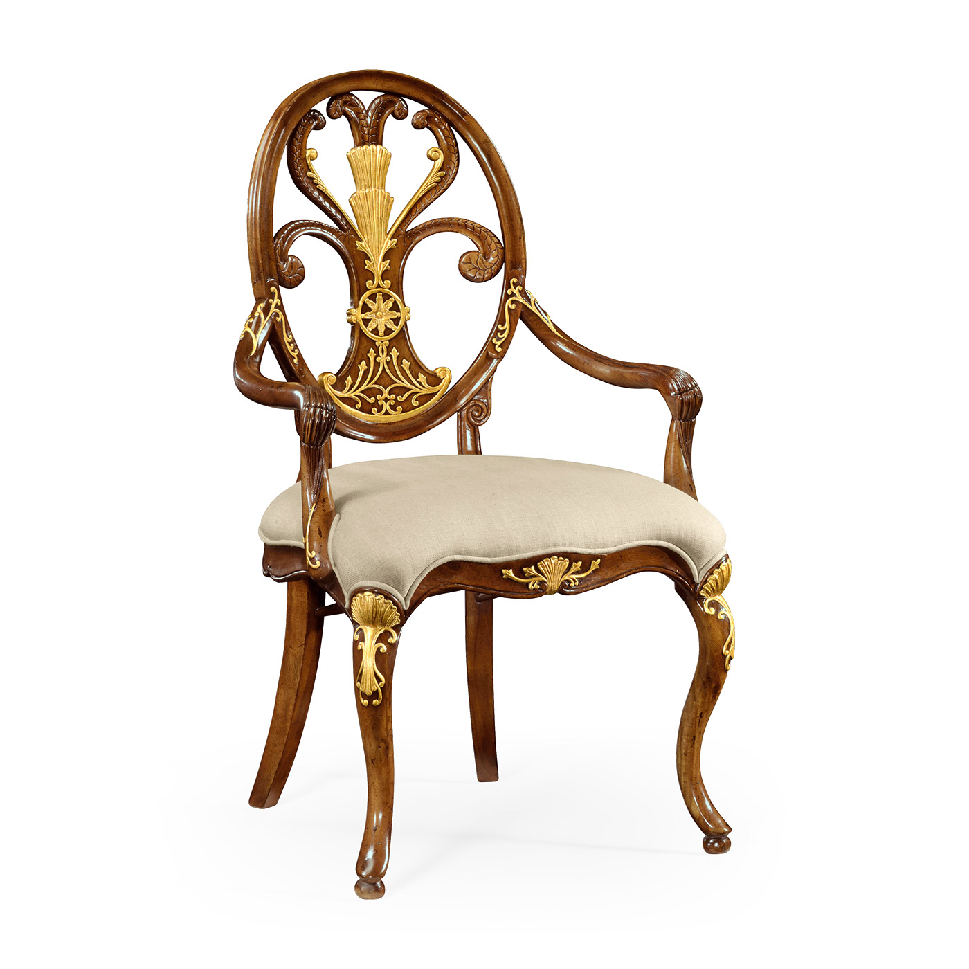 Sheraton Style Walnut & Gilded Oval Back Arm Chair