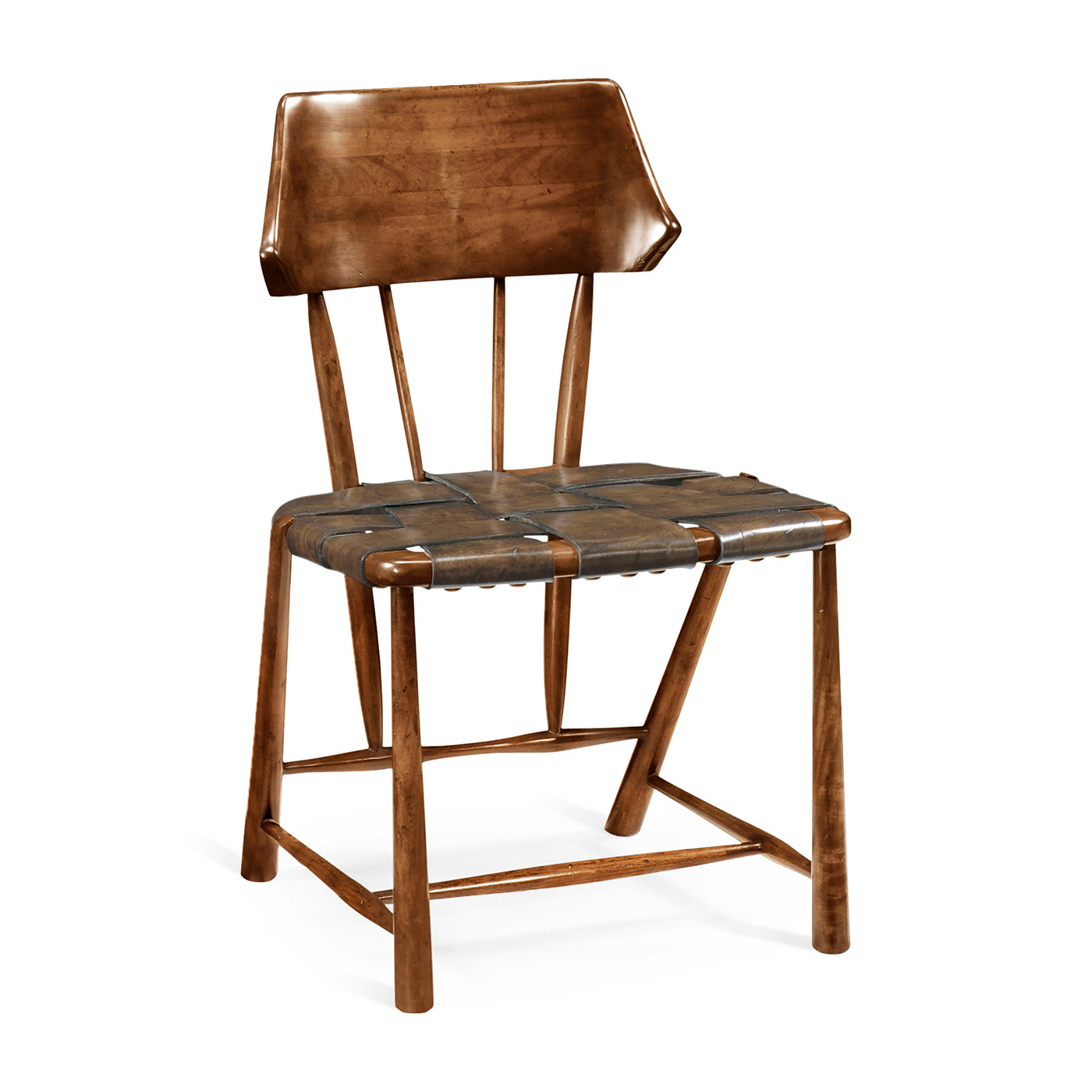 Walnut smokers side chair with webbed medium antique chestnut leather seat