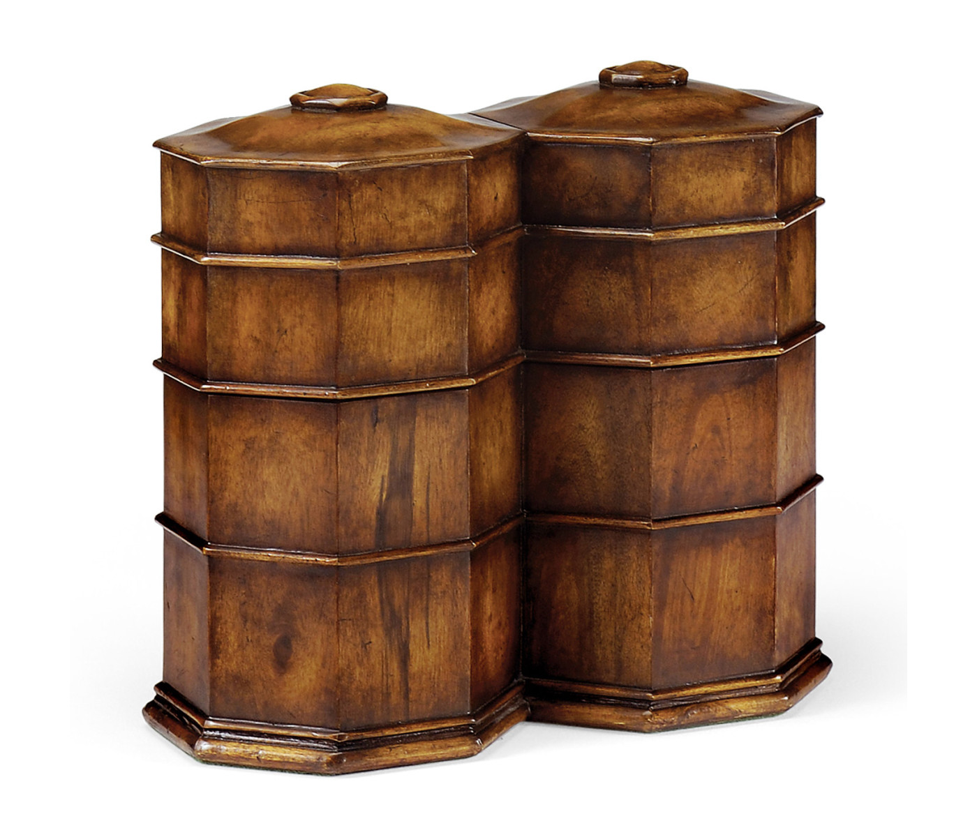 Pair of Glass Decanters in Conjoined Octagonal Walnut Cases