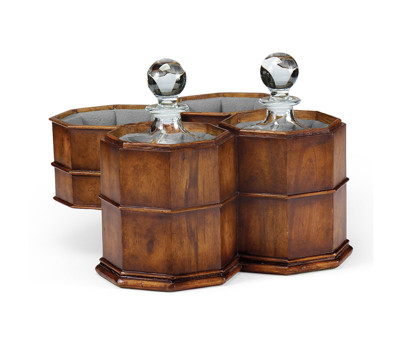 Pair of Glass Decanters in Conjoined Octagonal Walnut Cases