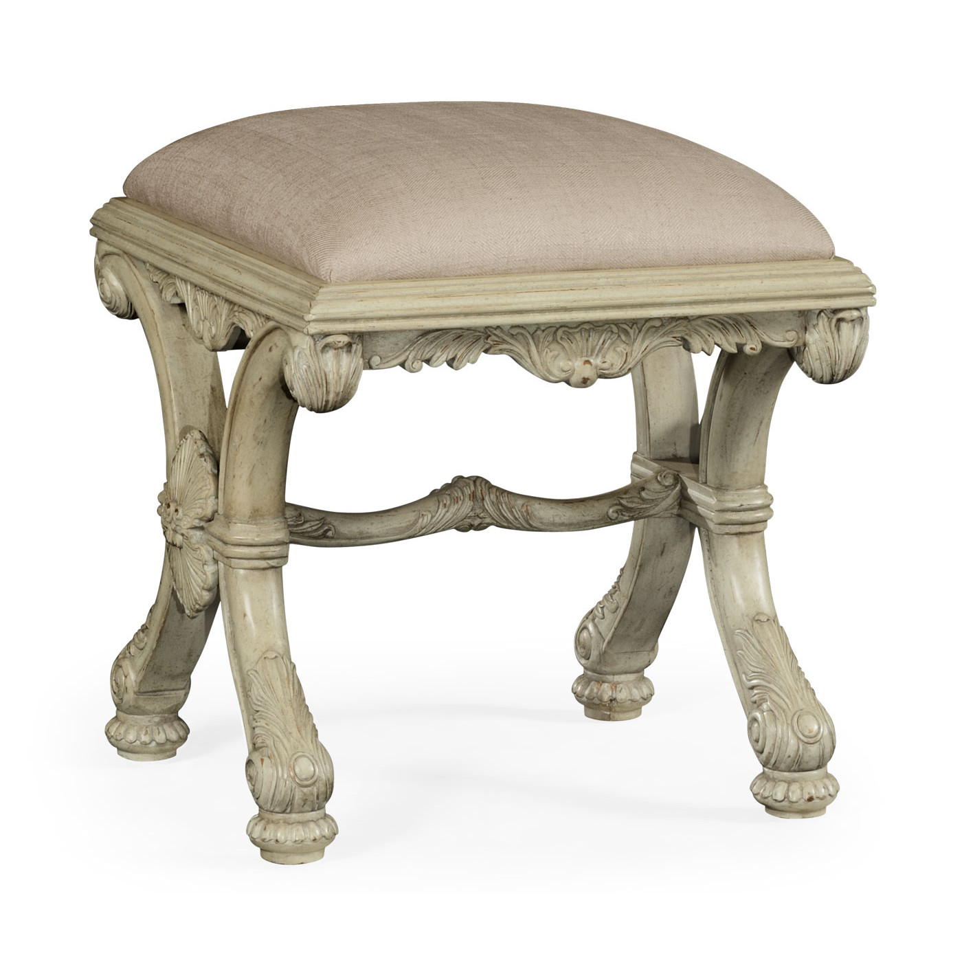 Heavily carved French provincial green x-frame footstool