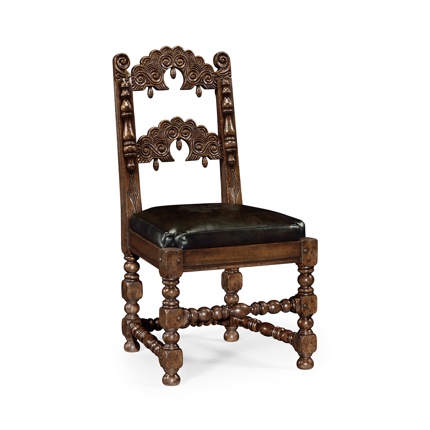 Elizabethan Style Dark Oak Side Chair Open Back with Antique Caviar Black Leather