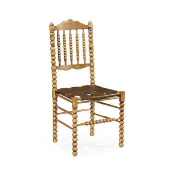 Bobbin Natural Oak Side Chair with a Medium Antique Chestnut Leather Seat